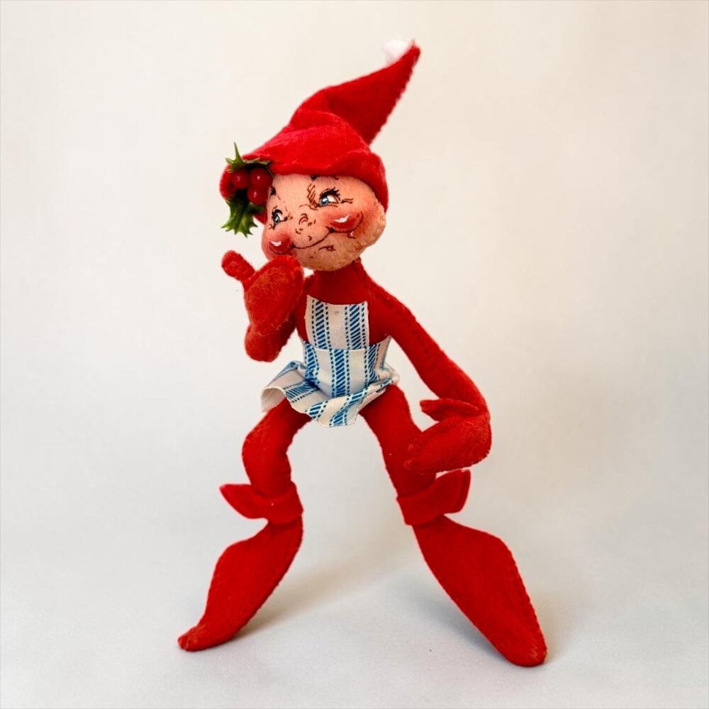 Annalee Vintage 1991 Christmas Red Elf Doll Stripe Apron Hand Painted Face 6”